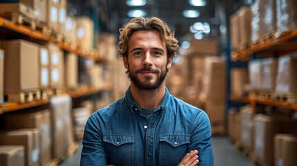 Poster - Dedicated procurement professional inside a warehouse overseeing operations and managing purchase orders effectively