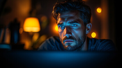 Poster - Sleep-deprived office worker with focused expression working on computer while battling tiredness in office space