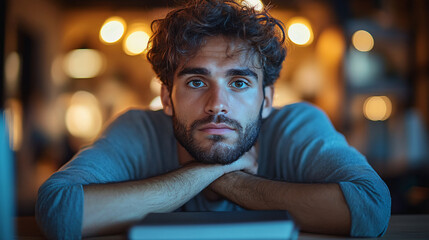 Poster - Weary intern with laptop seated at desk surrounded by papers and office supplies exhibiting fatigue and distraction