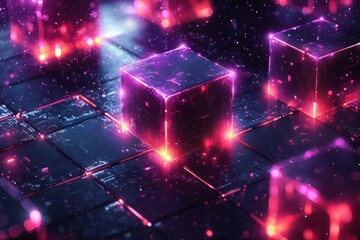 Fototapete - Glowing Purple Data Blocks in a Futuristic Digital Landscape