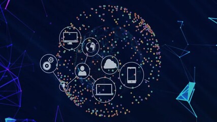 Poster - connected digital network icons over colorful data points on dark background animation