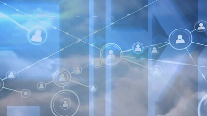 Poster - Network of connections and data processing animation over cloudy sky background