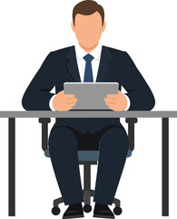 Poster - Businessman in a suit sitting at a desk holding a tablet in a flat style vector art