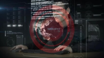 Poster - Man working on computer with digital speedometer and data overlay animation
