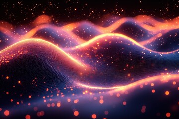 Poster - Vibrant Abstract Digital Landscape with Glowing Light Waves and Particles