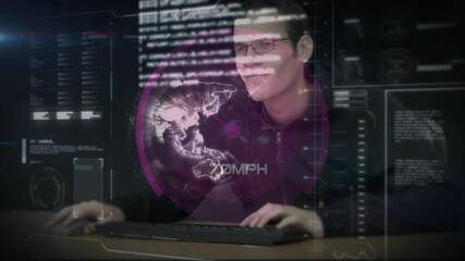 Poster - Person working on computer with digital data and speedometer animation overlay