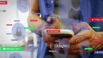 Poster - Interacting with smartphone, hands using animation icons for notifications and video