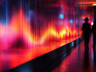Poster - a futuristic digital installation or high-tech display filled with vibrant colors – red, orange, pink and blue.  