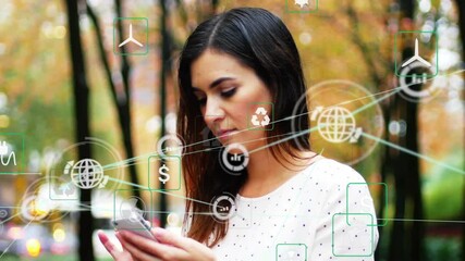 Poster - Using smartphone, woman with animation of digital network and eco-friendly icons