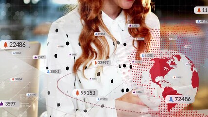 Poster - Interacting with digital notifications, woman viewing global connectivity animation graphics