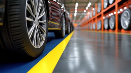 Poster - Close-up view of car tires in a warehouse, showcasing a well-organized tire storage area