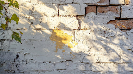 Poster - Weathered wall with peeling paint and soft shadows from nearby foliage in sunlight