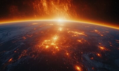 Wall Mural - sunrise view of earth from space with glowing city lights on the horizon, surrounded by a vibrant or