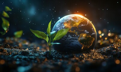 Wall Mural - vibrant earth illustration glowing against a dark space background, with a green plant silhouette cr