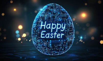 Aufkleber - glowing easter egg with futuristic circuit patterns and happy easter text