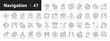 © Comauthor - Navigation thin line icon set. Determining geographic location, route planning, and spatial orientation. Geolocation, pinpoint, map, road, compass, check point, GPS - stock vector.