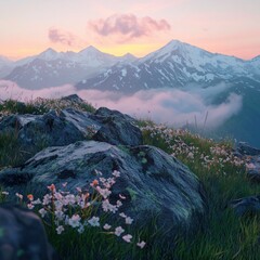 Wall Mural - Mountain vista. Rocks, flowers, grass in foreground; snow-capped mountains behind