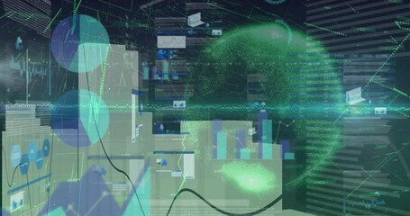 Poster - Digital data charts and graphs overlaying green glowing globe animation