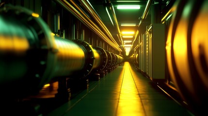 Poster - Industrial corridor with illuminated pipes and machinery creating a dynamic atmosphere