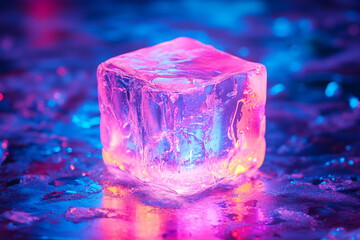 Aufkleber - Colorful ice cube glowing in vibrant blue and pink light on a dark surface