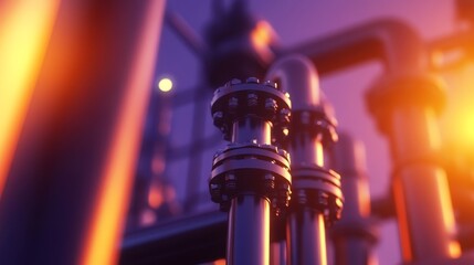 Poster - Close-up view of industrial pipes and fittings illuminated by ambient lighting in a factory setting