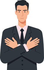 Poster - Confident businessman in a dark suit with crossed arms in a flat minimalist design vector art