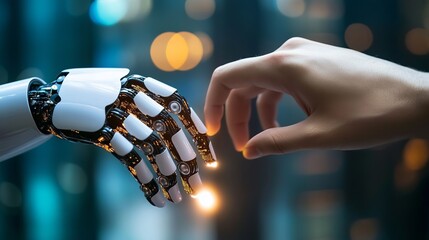 Poster - Human Hand Reaching Robotic Hand Futuristic Technology Artificial Intelligence Advanced Robotics Digital Innovation Modern Technology Bright Lights   
