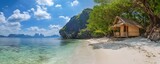 A peaceful coastal setting with a traditional bamboo hut on the beach