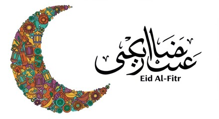 Poster - A design for Eid a large colorful crescent moon decorated with various patterns and symbols including lanterns and flowers there is elegant Arabic calligraphy written in black reads Eid Al-Fitr