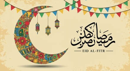 Poster - A design for Eid a large colorful crescent moon decorated with various patterns and symbols including lanterns and flowers there is elegant Arabic calligraphy written in black reads Eid Al-Fitr