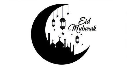 Poster - A large silhouette crescent moon within the crescent moon a silhouette of a mosque with multiple domes and minarets several lanterns depicted in silhouette and the text reads EID MUBARAK