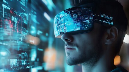 Poster - Futuristic Man Wearing Advanced Virtual Reality Headset Exploring Digital Interface Innovative Technology Metaverse Experience Modern User Interface  
