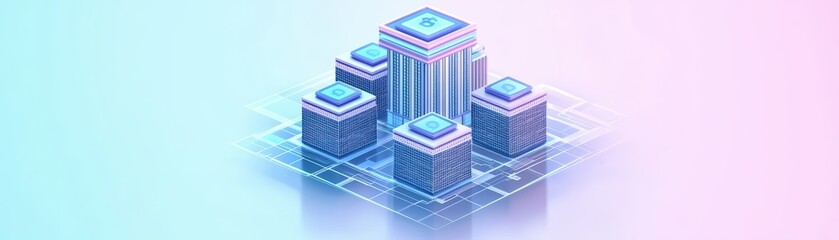 Poster - Digital Financial Network Concept with Building Blocks and Cryptocurrency Symbols in Gradient Colors