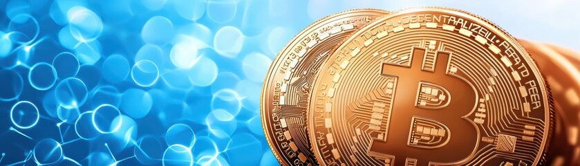 Poster - Cryptocurrency Concept with Bitcoin Coins and Abstract Financial Network Background