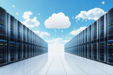 Poster - Modern Data Center with Cloud Technology Overlay and Bright Blue Sky Background