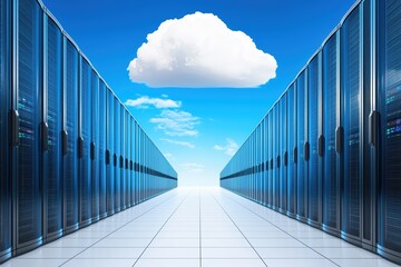 Poster - Modern Data Center with Cloud Technology Overlay Against Clear Blue Sky