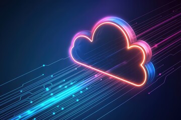 Poster - Glowing Cloud Storage Concept with Flowing Data Lines and Digital Elements in a Dark Background