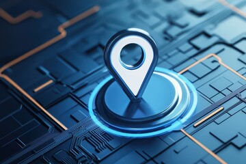 Poster - Modern Digital Navigation Concept with Global Perspective Featuring Location Pin on Circuit Board