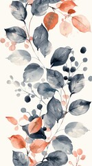 Poster - Delicate watercolor leaves and berries in soft hues on a light background evoke a serene autumn ambiance