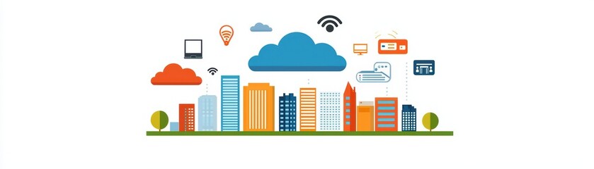 Poster - Conceptual Illustration of Internet of Things Network in a Connected Cityscape with Cloud Services
