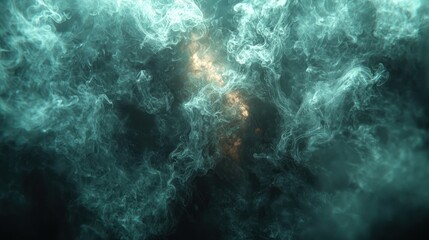 Wall Mural - teal smoke billows; golden light pierces from center darkness, airy