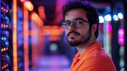 Poster - Confident Male IT Specialist Working in Modern Data Center Server Room Network Technician Orange Shirt Glasses Night Purple Blue Lights Technology    