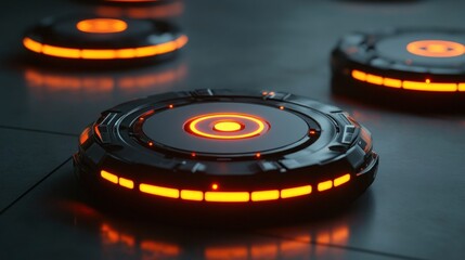 Poster - Futuristic Technology: Glowing Orange Discs on Dark Surface