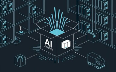 Poster - AI Logistics: An illustration showcasing AI logistics, with boxes, warehouse shelves, a delivery truck, and a robot