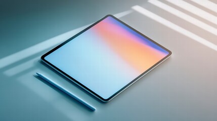 Poster - Modern Tablet on Desk: A sleek, modern tablet with a vibrant, colorful screen and a stylus rests on a minimalist desk.