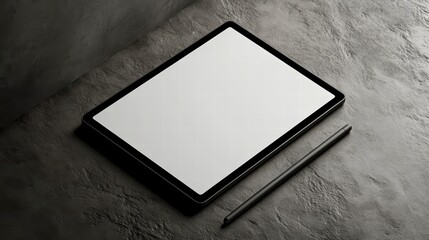 Poster - Digital Canvas: A sleek, modern tablet with a blank, illuminated screen rests beside a stylus, inviting creativity and digital interaction, poised on a textured surface