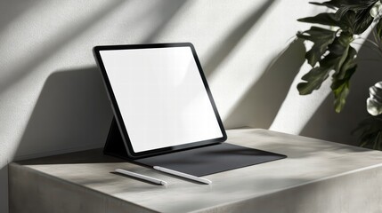 Poster - Modern Workspace Mockup: A sleek, modern tablet with a blank screen rests on a minimalist surface, accompanied by a stylus and subtle natural shadows, suggesting productivity and creative potential.