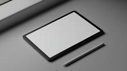 Poster - Digital Canvas: Modern tablet device with a blank screen beside a stylus. The image's sleek design and minimalist aesthetic suggest a modern and tech-driven theme. 