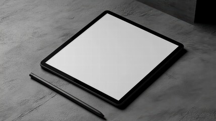 Poster - Tablet and Stylus Mockup: A modern tablet with a blank display lies alongside a sleek stylus on a textured surface, offering ample space for digital content and creative design.