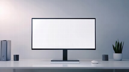 Poster - Workspace: Minimalist setup with a blank computer screen, suggesting opportunities for digital displays, advertising, design work, or general content. The setting is clean and modern.